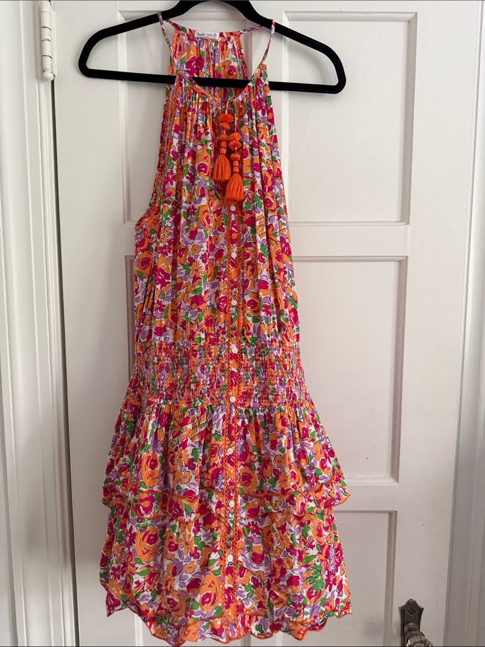 Poupette St Barth Pink & Orange Floral Racerback Dress with Tassel Detail